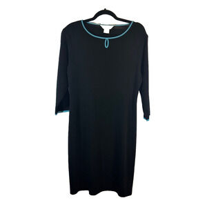 Exclusively MISOOK Midi Dress M Black Knit Shift Blue Trim Keyhole Santana C3